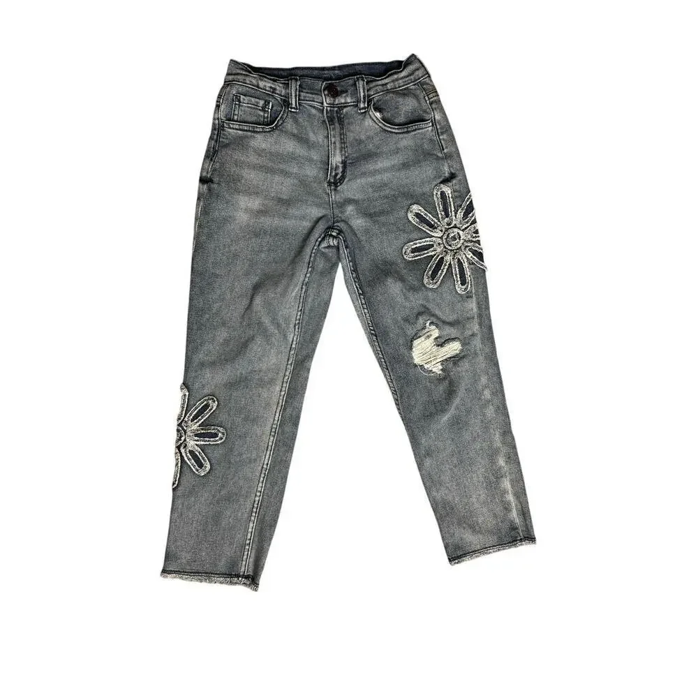 Justice Girls Jeans Size 12 Gray Wash Daisy Floral Patch Distressed